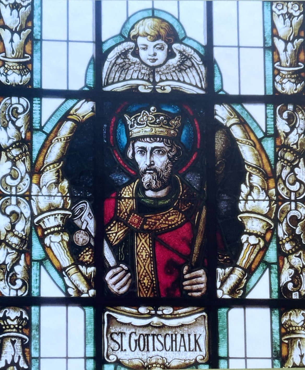 Kirchenfenster mit dem Abbild des Heiligen St. Gottschalk.